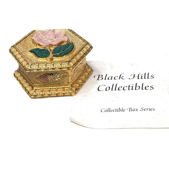 Black Hills Gold Jewelry Trinket Box No. 2 Hexagon Pink Rose Inlaid Gemstone - Picture 1 of 8